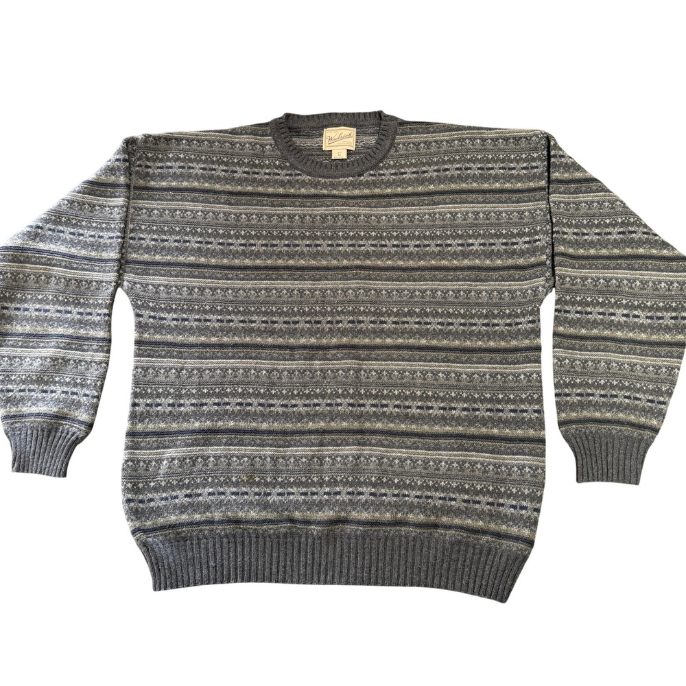 Vintage Woolrich Mens XL Grey Fair Isle Stripe Knit Sweater Made in USA 7230
